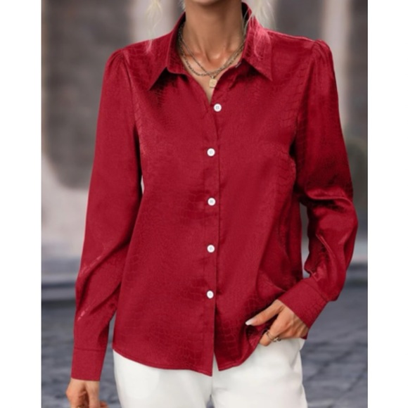 Luxe jacquard button down satin blouse - Picture 10 of 16